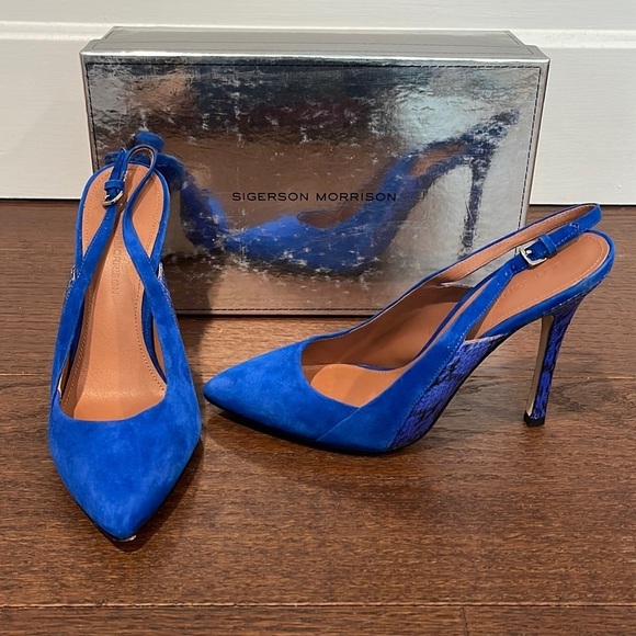 Sigerson Morrison Women’s Blue Suede Sling Backs Size 8 - Picture 1 of 7
